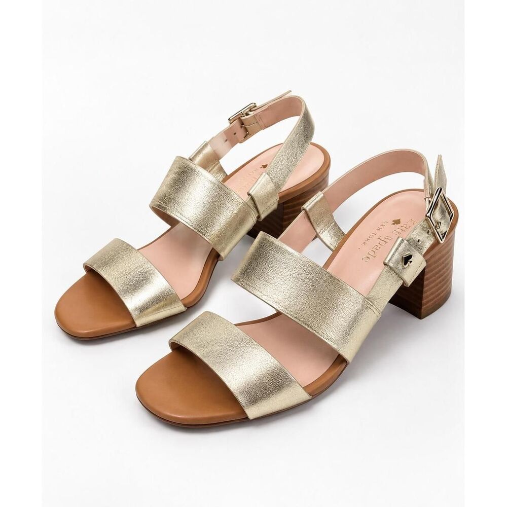 Kate Spade New York Metallic Gold Leather Slingback Block Heel Sandals Size 6.5
